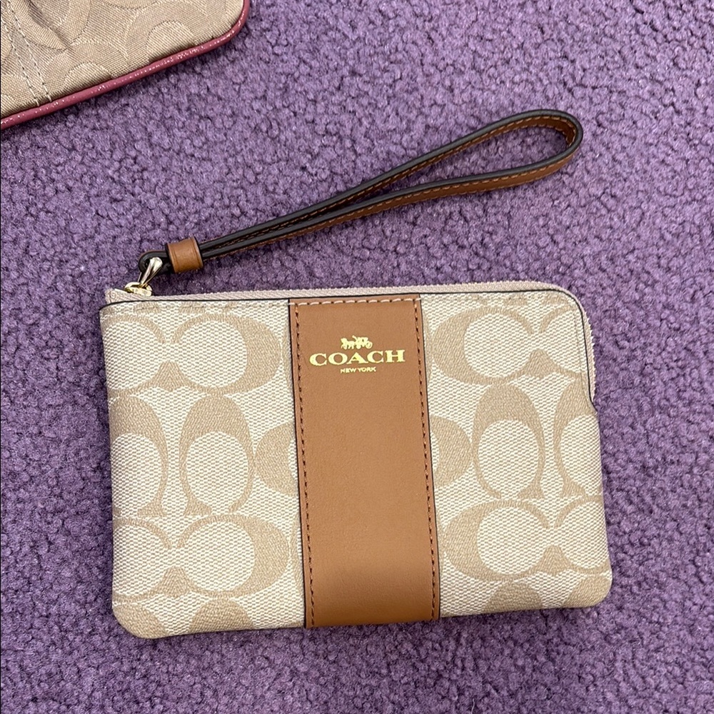 Coach Signature Beige and Tan Wristlet